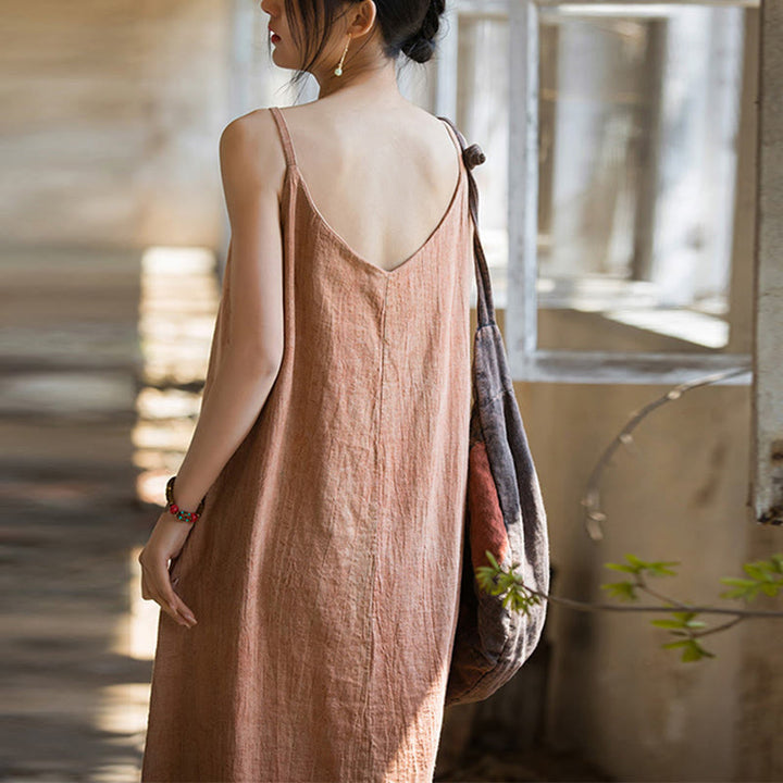 Buddha Stones Summer Spaghetti Strap Handmade Tie Dye Linen Midi Cami Dress - image 14