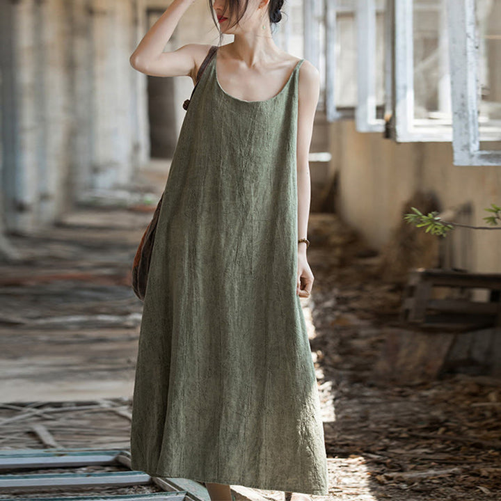 Buddha Stones Summer Spaghetti Strap Handmade Tie Dye Linen Midi Cami Dress - image 11