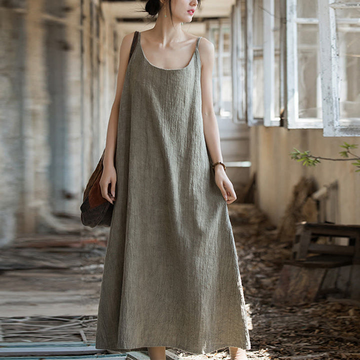 Buddha Stones Summer Spaghetti Strap Handmade Tie Dye Linen Midi Cami Dress - image 18