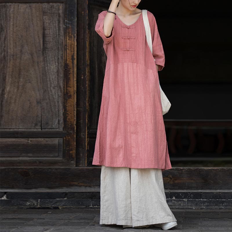Buddha Stones Handmade Tie Dye Ramie Linen Frog-Button Midi Dress Wide Leg Pants With Pockets - Pink Dress&Khaki Pants - US4-8/10，UK/AU8-12/14，EU36-40/42 (F) - image 13