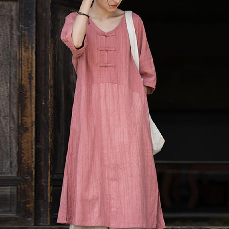 Buddha Stones Handmade Tie Dye Ramie Linen Frog-Button Midi Dress Wide Leg Pants With Pockets - Pink Dress(Dress Only) - US4-8/10，UK/AU8-12/14，EU36-40/42 (F) - image 19