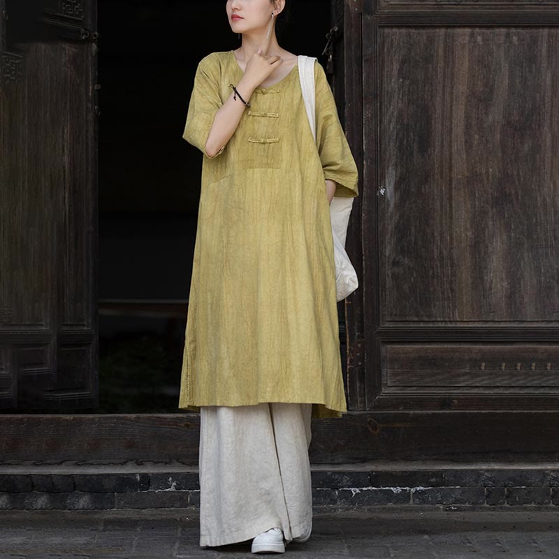 Buddha Stones Handmade Tie Dye Ramie Linen Frog-Button Midi Dress Wide Leg Pants With Pockets - Yellow Dress&Khaki Pants - US4-8/10，UK/AU8-12/14，EU36-40/42 (F) - image 23