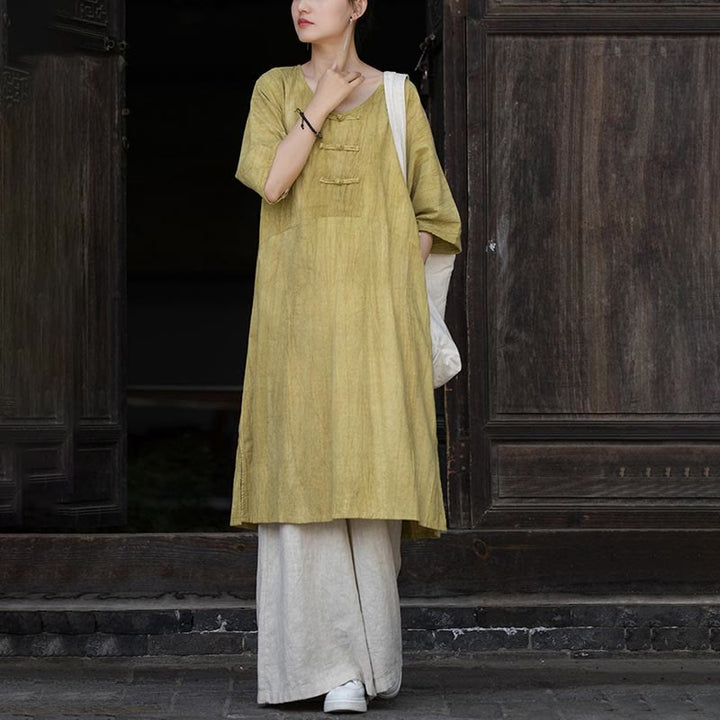 Buddha Stones Handmade Tie Dye Ramie Linen Frog-Button Midi Dress Wide Leg Pants With Pockets - Yellow Dress&Khaki Pants - US4-8/10，UK/AU8-12/14，EU36-40/42 (F) - image 23