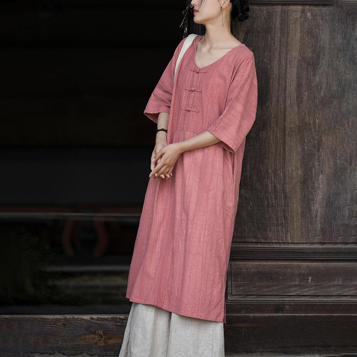 Buddha Stones Handmade Tie Dye Ramie Linen Frog-Button Midi Dress Wide Leg Pants With Pockets - image 18