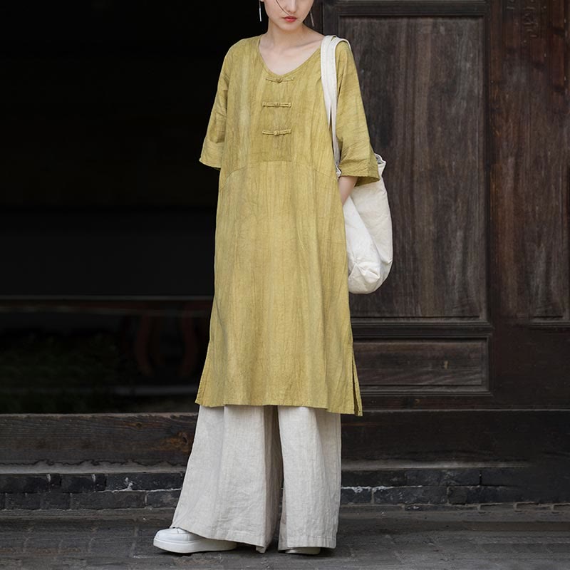 Buddha Stones Handmade Tie Dye Ramie Linen Frog-Button Midi Dress Wide Leg Pants With Pockets - image 27