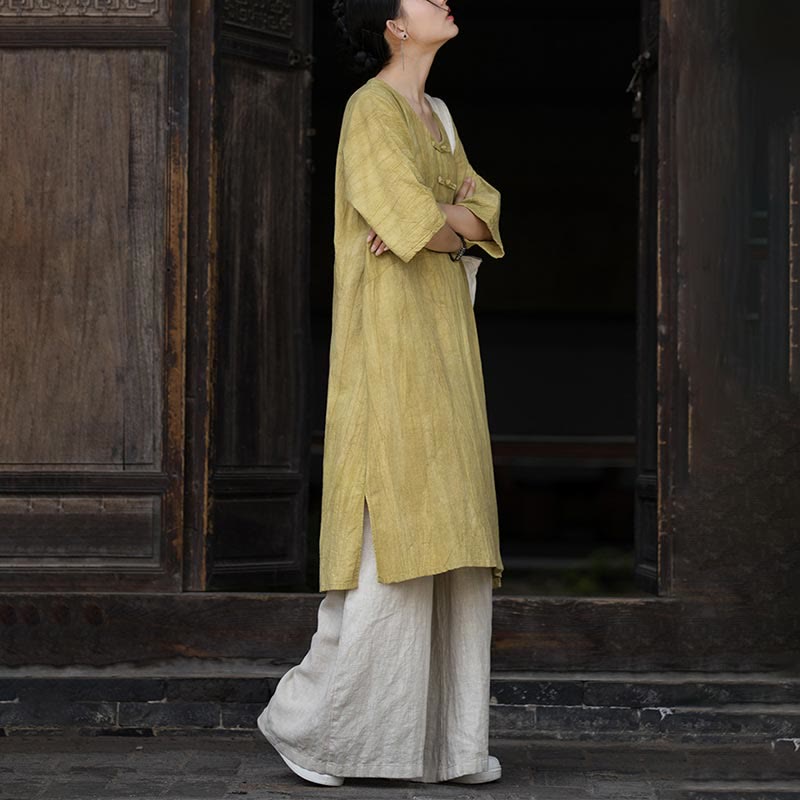 Buddha Stones Handmade Tie Dye Ramie Linen Frog-Button Midi Dress Wide Leg Pants With Pockets - image 25