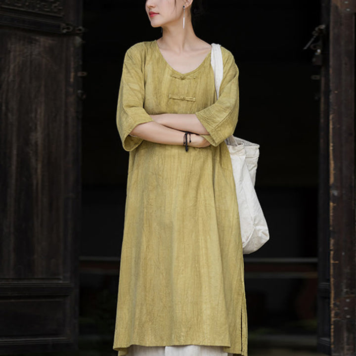 Buddha Stones Handmade Tie Dye Ramie Linen Frog-Button Midi Dress Wide Leg Pants With Pockets - Yellow Dress(Dress Only) - US4-8/10，UK/AU8-12/14，EU36-40/42 (F) - image 28