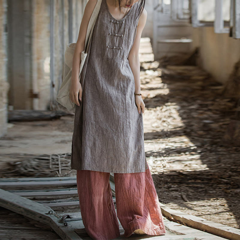 Buddha Stones Frog-Button Sleeveless Cami Midi Dress Ramie Linen Wide Leg Pants With Pockets - Thistle Dress&Red Pants - US4-8/10，UK/AU8-12/14，EU36-40/42 (F) - image 26