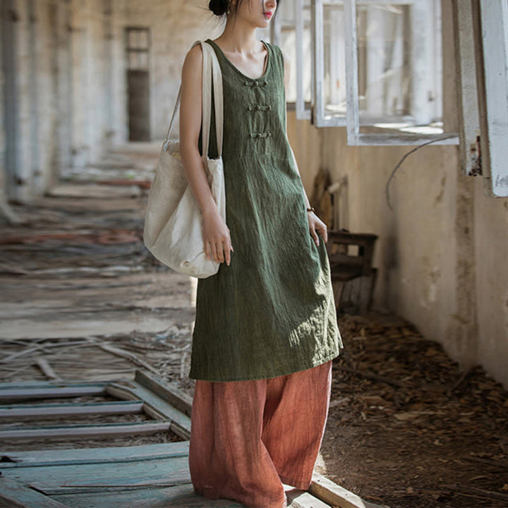 Buddha Stones Frog-Button Sleeveless Cami Midi Dress Ramie Linen Wide Leg Pants With Pockets - DarkSeaGreen Dress&Red Pants - US4-8/10，UK/AU8-12/14，EU36-40/42 (F) - image 18