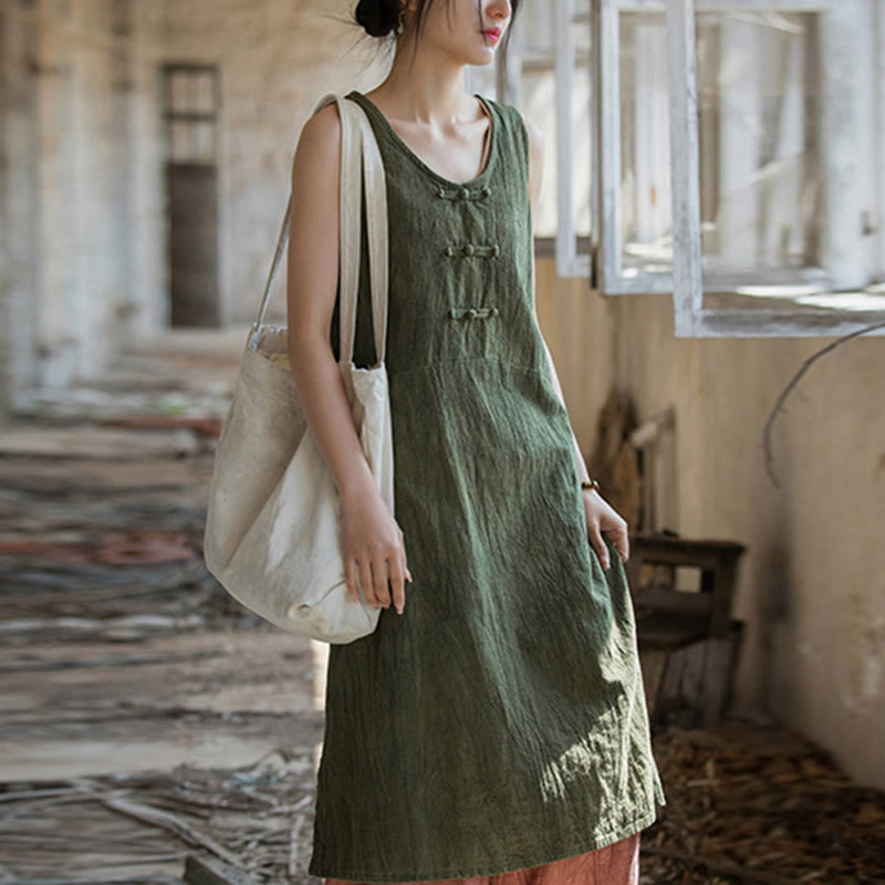 Buddha Stones Frog-Button Ramie Linen Women's Sleeveless Knee Length Dress With Pockets - DarkSeaGreen Dress(Dress Only) - US4-8/10，UK/AU8-12/14，EU36-40/42 (F) - image 23