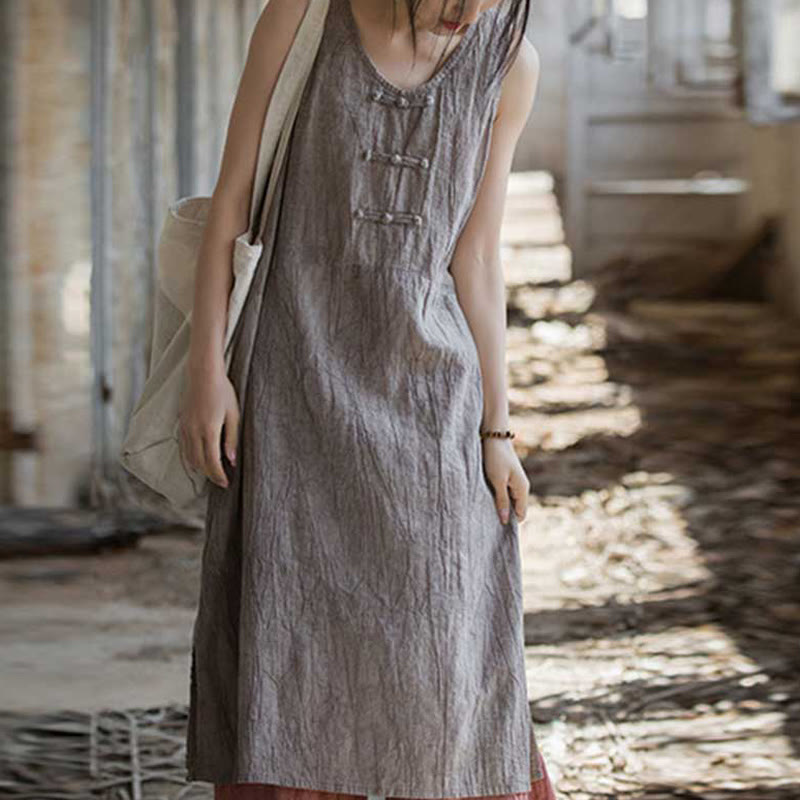Buddha Stones Frog-Button Sleeveless Cami Midi Dress Ramie Linen Wide Leg Pants With Pockets - Thistle Dress(Dress Only) - US4-8/10，UK/AU8-12/14，EU36-40/42 (F) - image 31