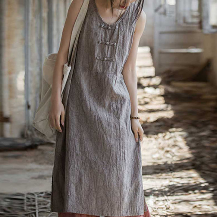 Buddha Stones Frog-Button Ramie Linen Women's Sleeveless Knee Length Dress With Pockets - Thistle Dress(Dress Only) - US4-8/10，UK/AU8-12/14，EU36-40/42 (F) - image 31
