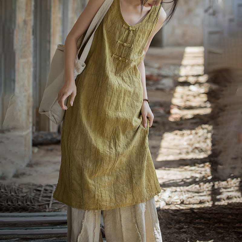 Buddha Stones Frog-Button Sleeveless Cami Midi Dress Ramie Linen Wide Leg Pants With Pockets - image 5
