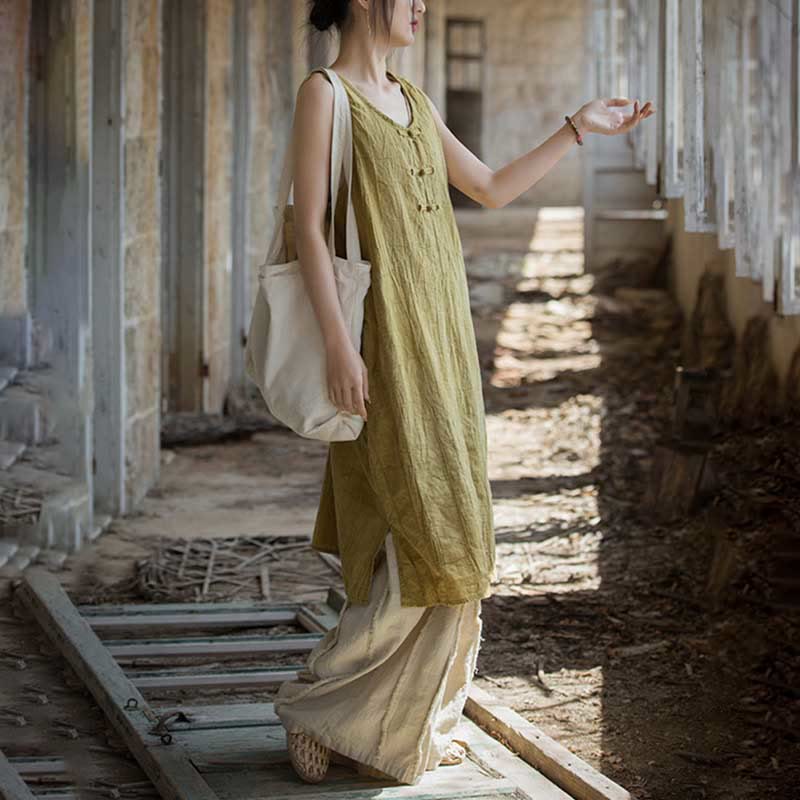 Buddha Stones Frog-Button Sleeveless Cami Midi Dress Ramie Linen Wide Leg Pants With Pockets - image 2