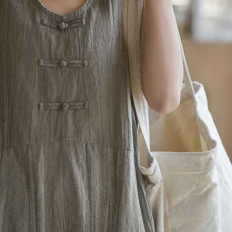 Buddha Stones Frog-Button Ramie Linen Women's Sleeveless Knee Length Dress With Pockets - image 16