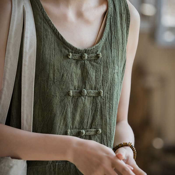 Buddha Stones Frog-Button Ramie Linen Women's Sleeveless Knee Length Dress With Pockets - image 24