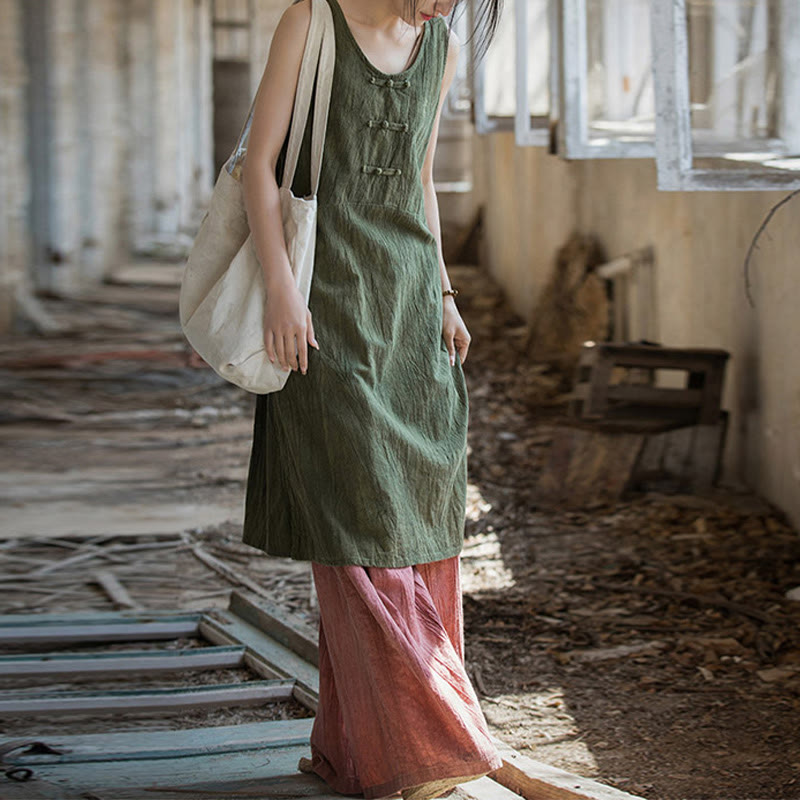Buddha Stones Frog-Button Ramie Linen Women's Sleeveless Knee Length Dress With Pockets - image 20