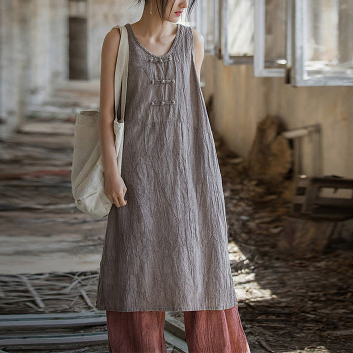Buddha Stones Frog-Button Sleeveless Cami Midi Dress Ramie Linen Wide Leg Pants With Pockets - image 30