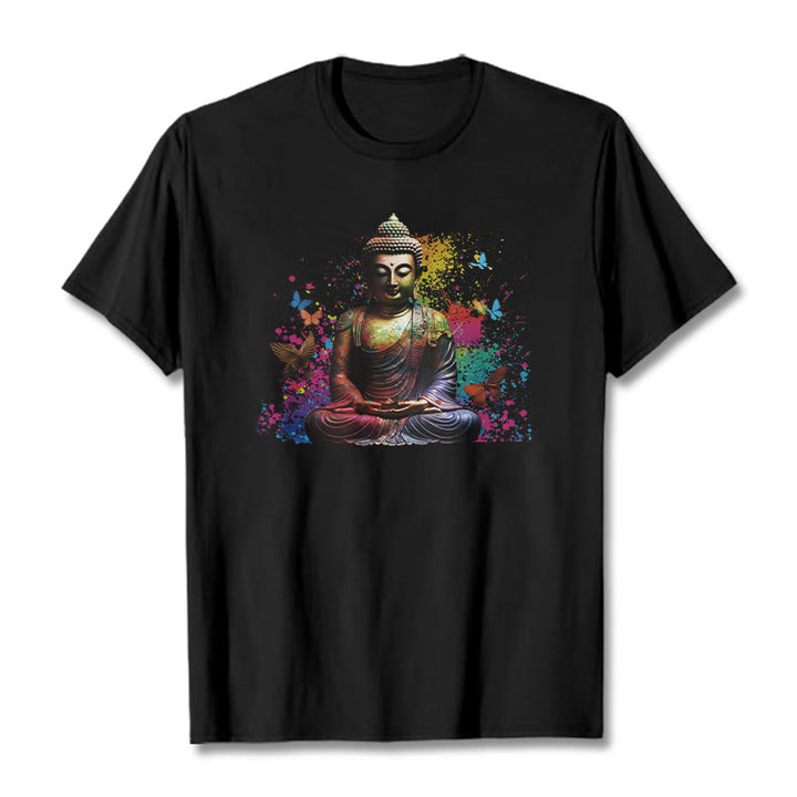 Buddha Stones Colorful Butterfly Flying Meditation Buddha Tee T-shirt - Black - 2XL - image 0