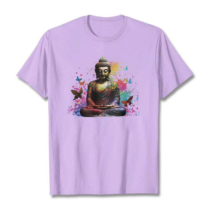 Buddha Stones Colorful Butterfly Flying Meditation Buddha Tee T-shirt - Plum - 2XL - image 15