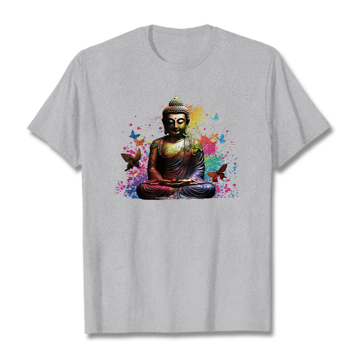 Buddha Stones Colorful Butterfly Flying Meditation Buddha Tee T-shirt - LightGrey - 2XL - image 18