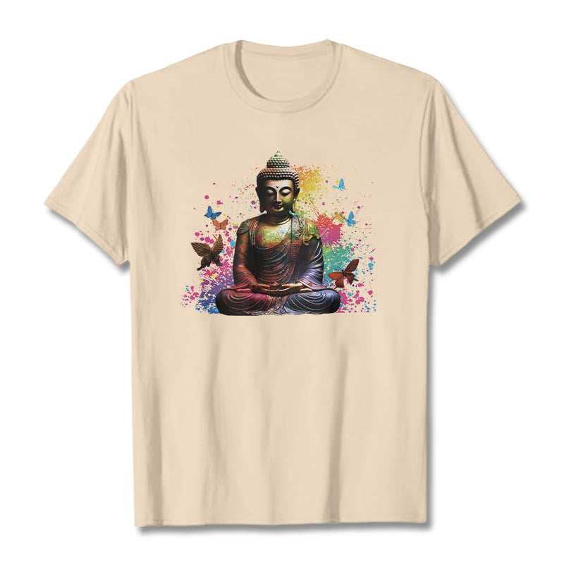 Buddha Stones Colorful Butterfly Flying Meditation Buddha Tee T-shirt - Bisque - 2XL - image 7