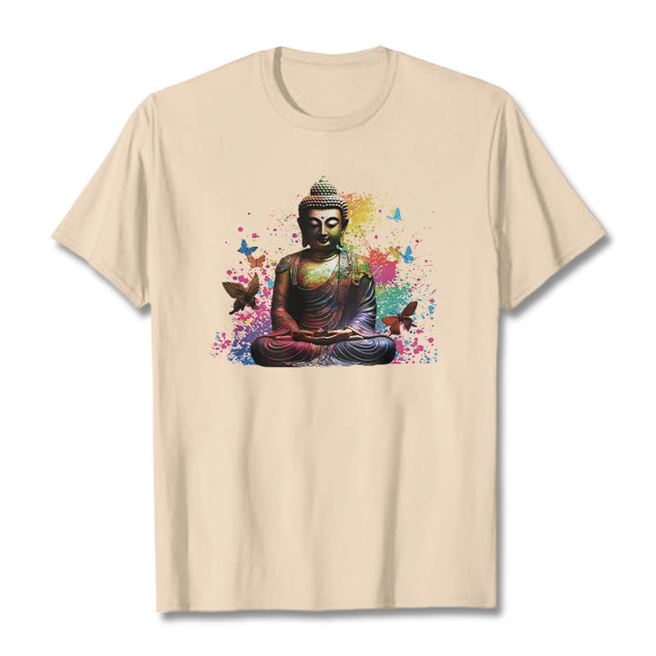 Buddha Stones Colorful Butterfly Flying Meditation Buddha Tee T-shirt - Bisque - 2XL - image 7