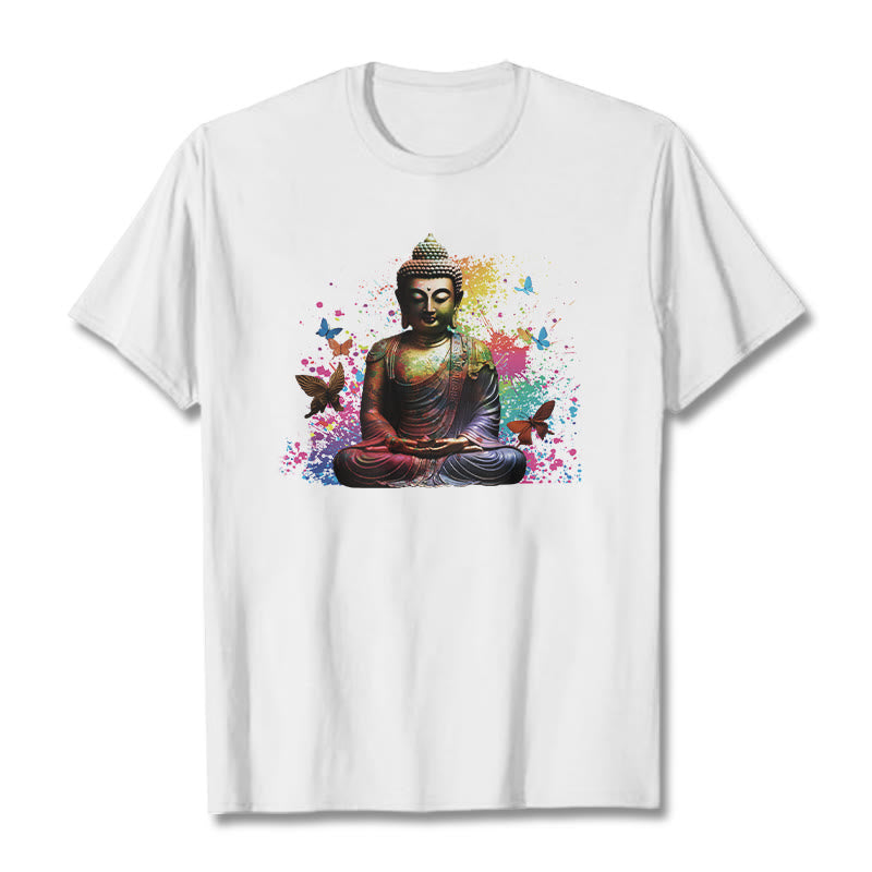 Buddha Stones Colorful Butterfly Flying Meditation Buddha Tee T-shirt - White - 2XL - image 4