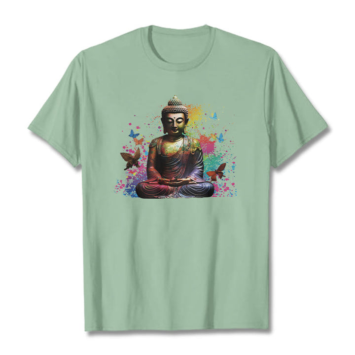 Buddha Stones Colorful Butterfly Flying Meditation Buddha Tee T-shirt - PaleGreen - 2XL - image 13