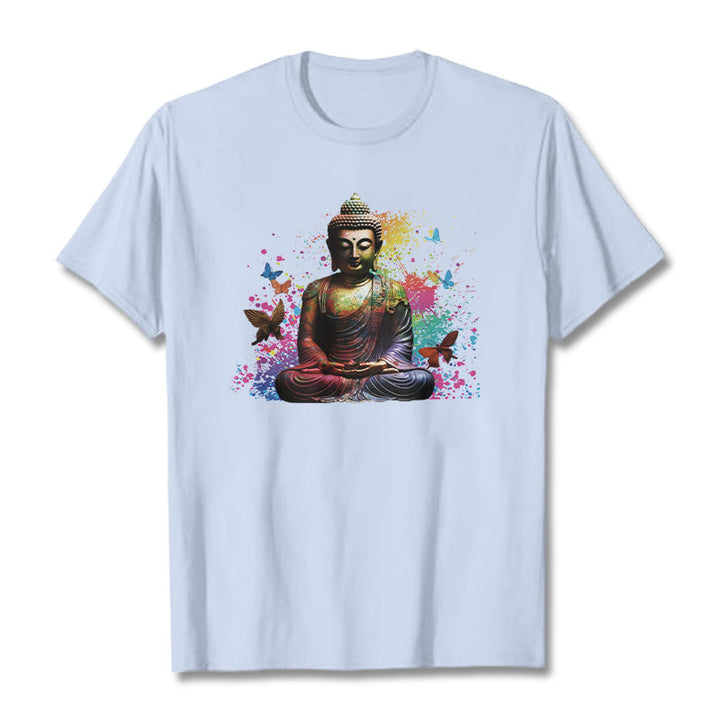 Buddha Stones Colorful Butterfly Flying Meditation Buddha Tee T-shirt - LightCyan - 2XL - image 17