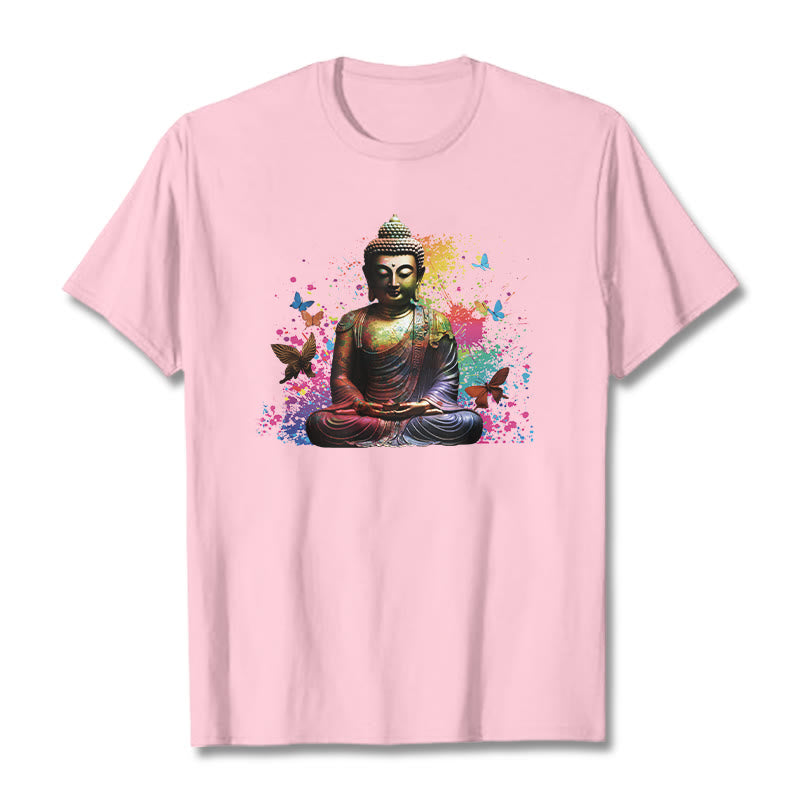 Buddha Stones Colorful Butterfly Flying Meditation Buddha Tee T-shirt - LightPink - 2XL - image 11