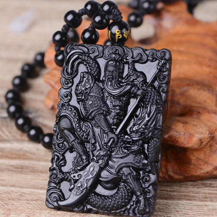 Buddha Stones Black Obsidian Guan Gong Amulet Engraved Strength Necklace Pendant - image 6