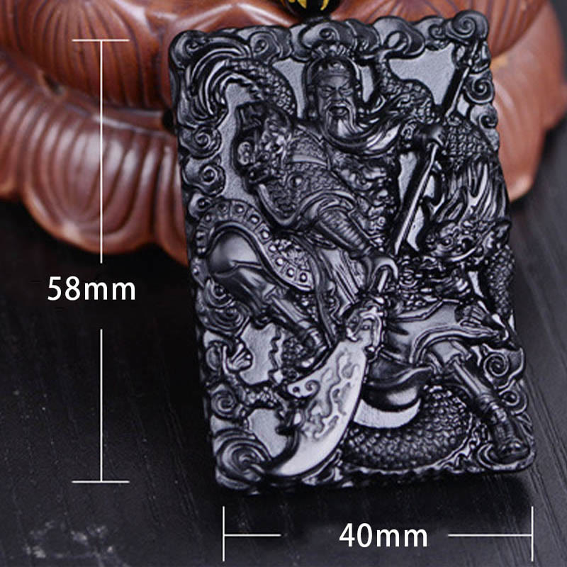 Buddha Stones Black Obsidian Guan Gong Amulet Engraved Strength Necklace Pendant - image 8