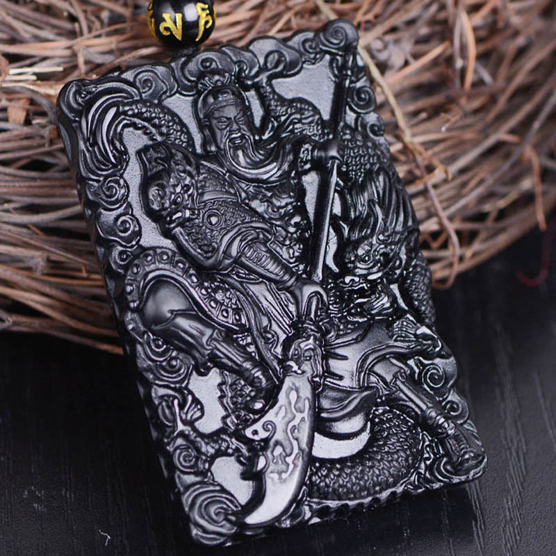 Buddha Stones Black Obsidian Guan Gong Amulet Engraved Strength Necklace Pendant - image 7