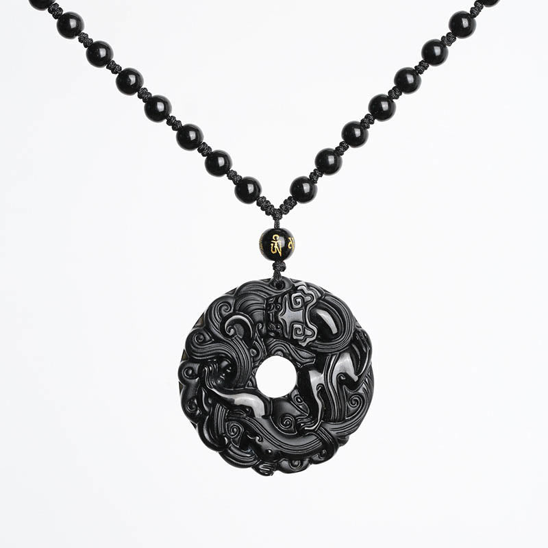 Buddha Stones Natural Black Obsidian Peace Buckle Pixiu Purification Necklace Pendant - image 9