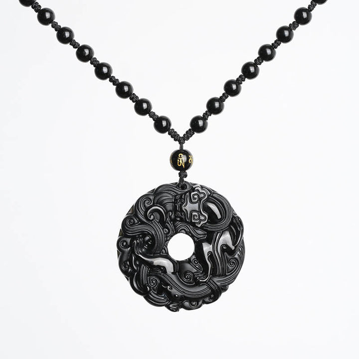 Buddha Stones Natural Black Obsidian Peace Buckle Pixiu Purification Necklace Pendant - image 9