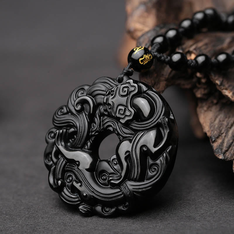 Buddha Stones Natural Black Obsidian Peace Buckle Pixiu Purification Necklace Pendant - image 1
