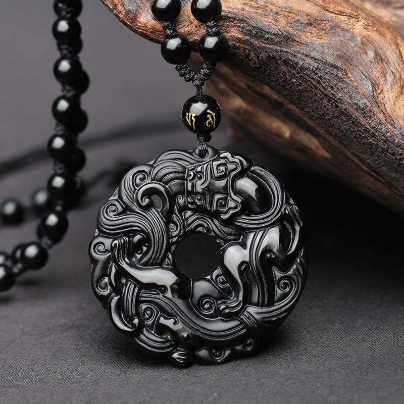Buddha Stones Natural Black Obsidian Peace Buckle Pixiu Purification Necklace Pendant - Black Obsidian - image 0