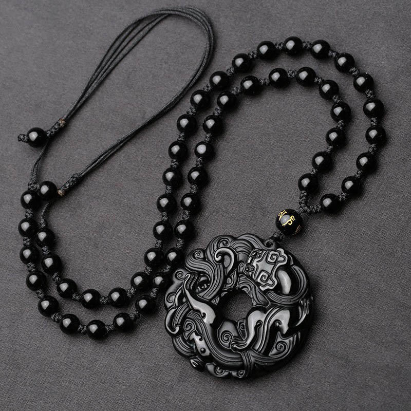 Buddha Stones Natural Black Obsidian Peace Buckle Pixiu Purification Necklace Pendant - image 2
