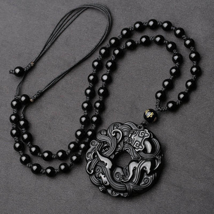 Buddha Stones Natural Black Obsidian Peace Buckle Pixiu Purification Necklace Pendant - image 2