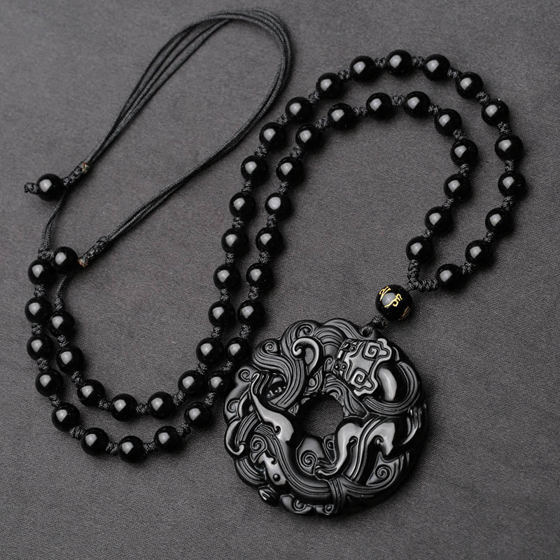 Buddha Stones Natural Black Obsidian Peace Buckle Pixiu Purification Necklace Pendant - image 3
