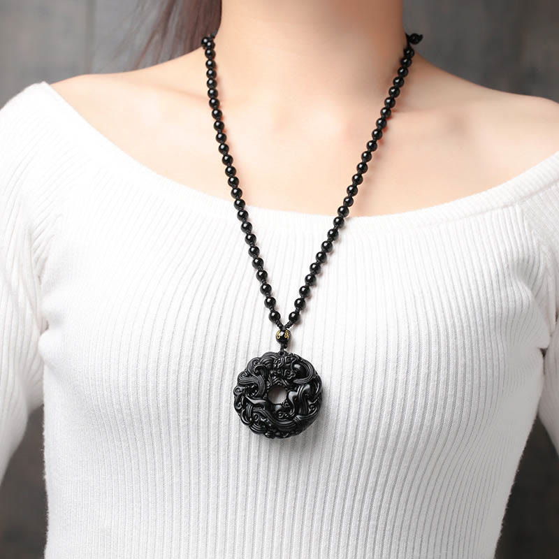 Buddha Stones Natural Black Obsidian Peace Buckle Pixiu Purification Necklace Pendant - image 8