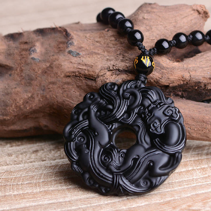 Buddha Stones Natural Black Obsidian Peace Buckle Pixiu Purification Necklace Pendant - image 11