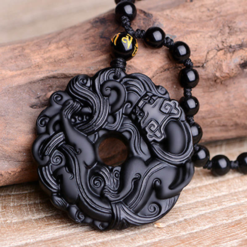 Buddha Stones Natural Black Obsidian Peace Buckle Pixiu Purification Necklace Pendant - image 16