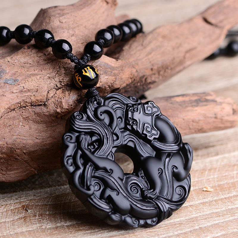 Buddha Stones Natural Black Obsidian Peace Buckle Pixiu Purification Necklace Pendant - image 13