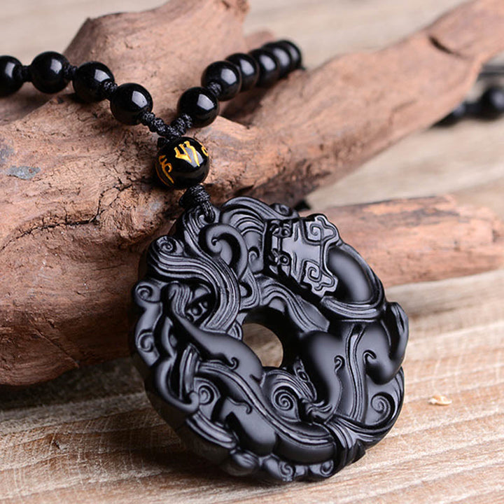 Buddha Stones Natural Black Obsidian Peace Buckle Pixiu Purification Necklace Pendant - image 13
