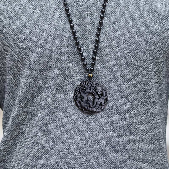 Buddha Stones Natural Black Obsidian Peace Buckle Pixiu Purification Necklace Pendant - image 14
