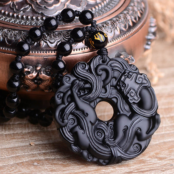 Buddha Stones Natural Black Obsidian Peace Buckle Pixiu Purification Necklace Pendant - image 12