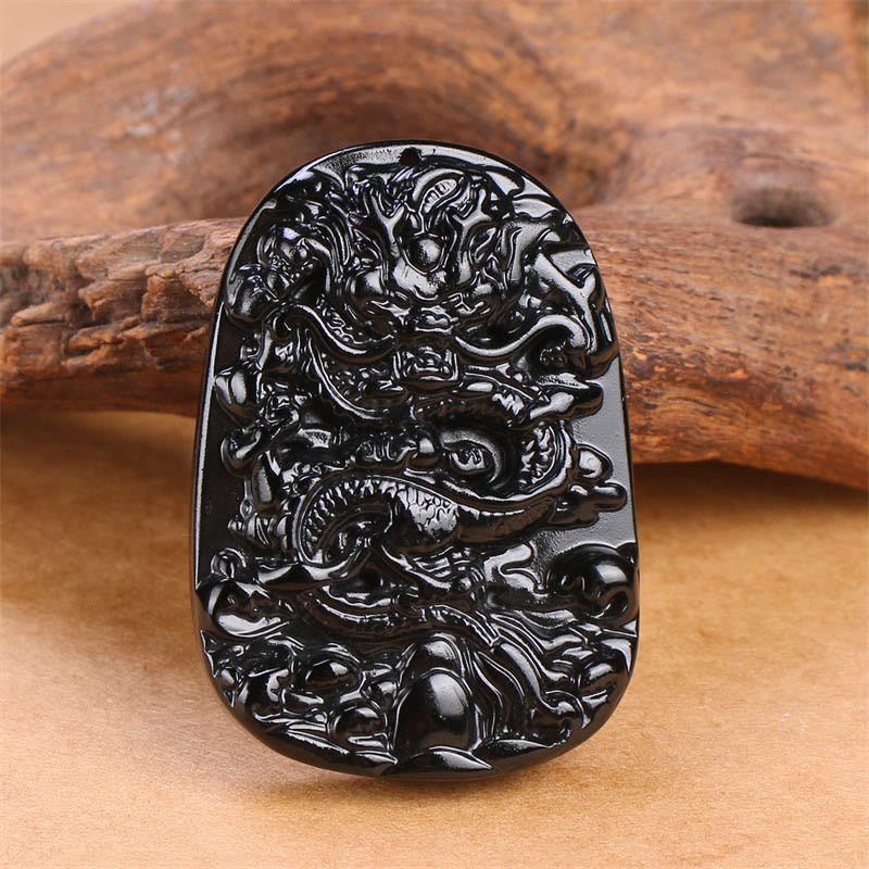 Buddha Stones Black Obsidian Dragon Carved Luck Protection Necklace Pendant - image 1