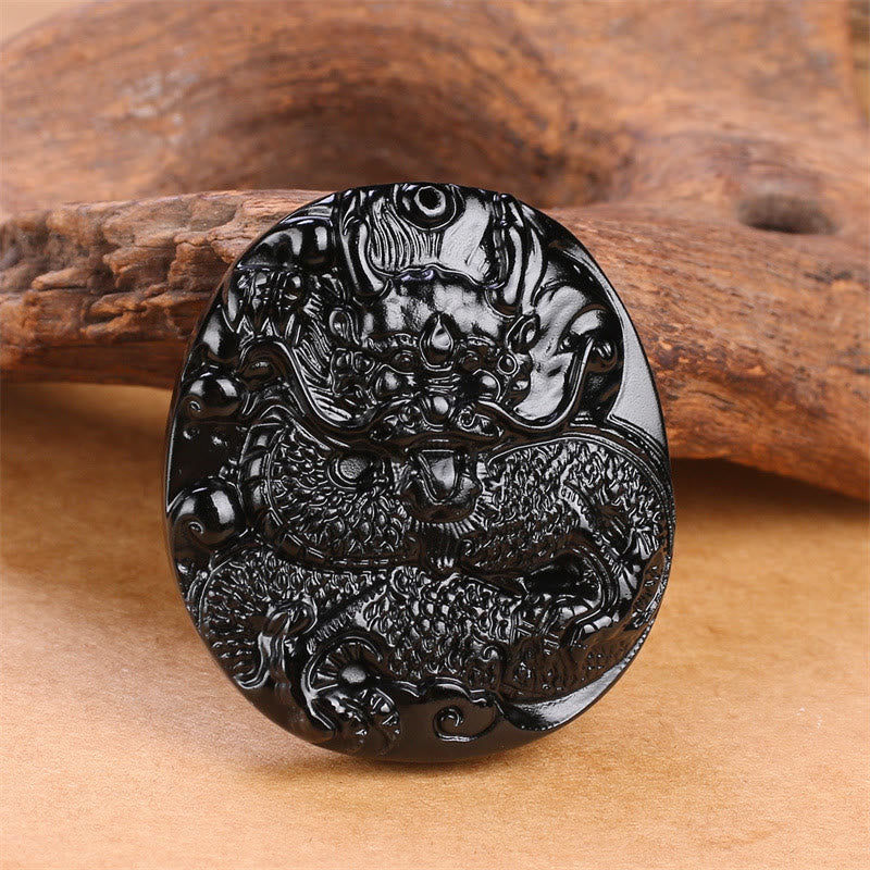 Buddha Stones Natural Black Obsidian Round Dragon Carved Protection Necklace Pendant - image 1